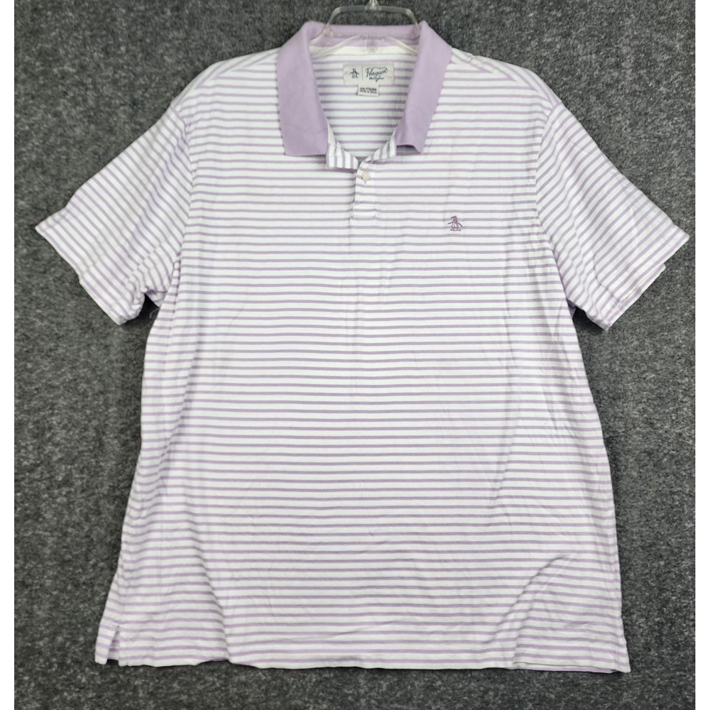 Original Penguin Polo Shirt‎ Mens XXL Lavender White Striped Short Sleeve Logo